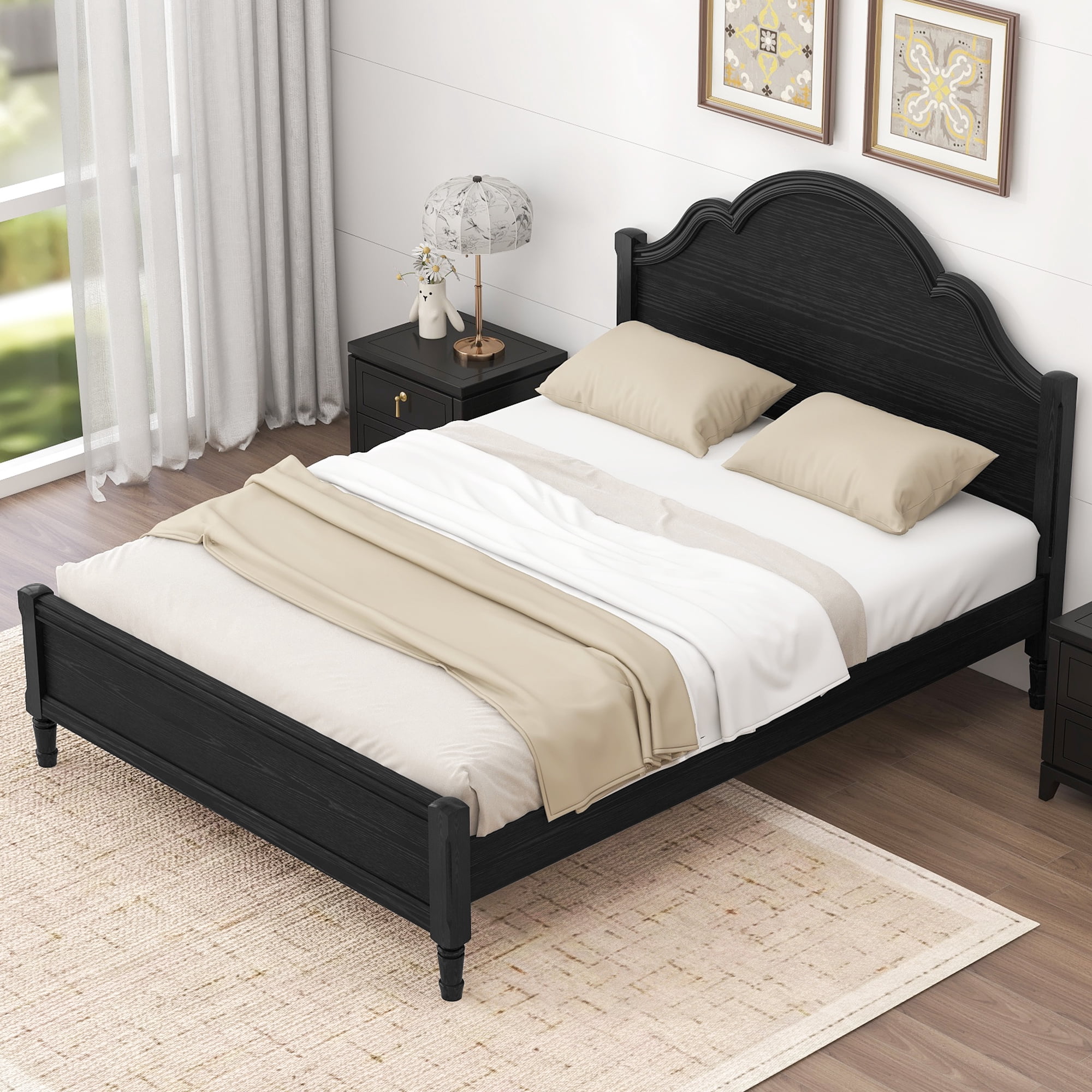 Euroco Wood Queen Size Platform Bed with Headboard, No Spring Box Needed, Black