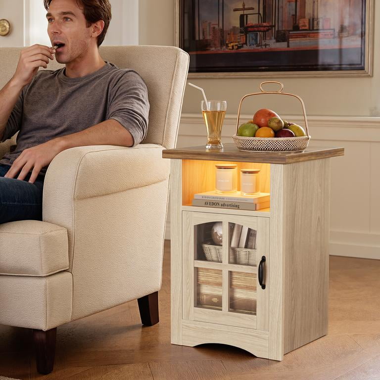 Homall Nightstand with Charging Station & Adjustable LED Lights, End Table Bedside Table with Glass Door & Open Shelf for Bedroom Living Room, Natural