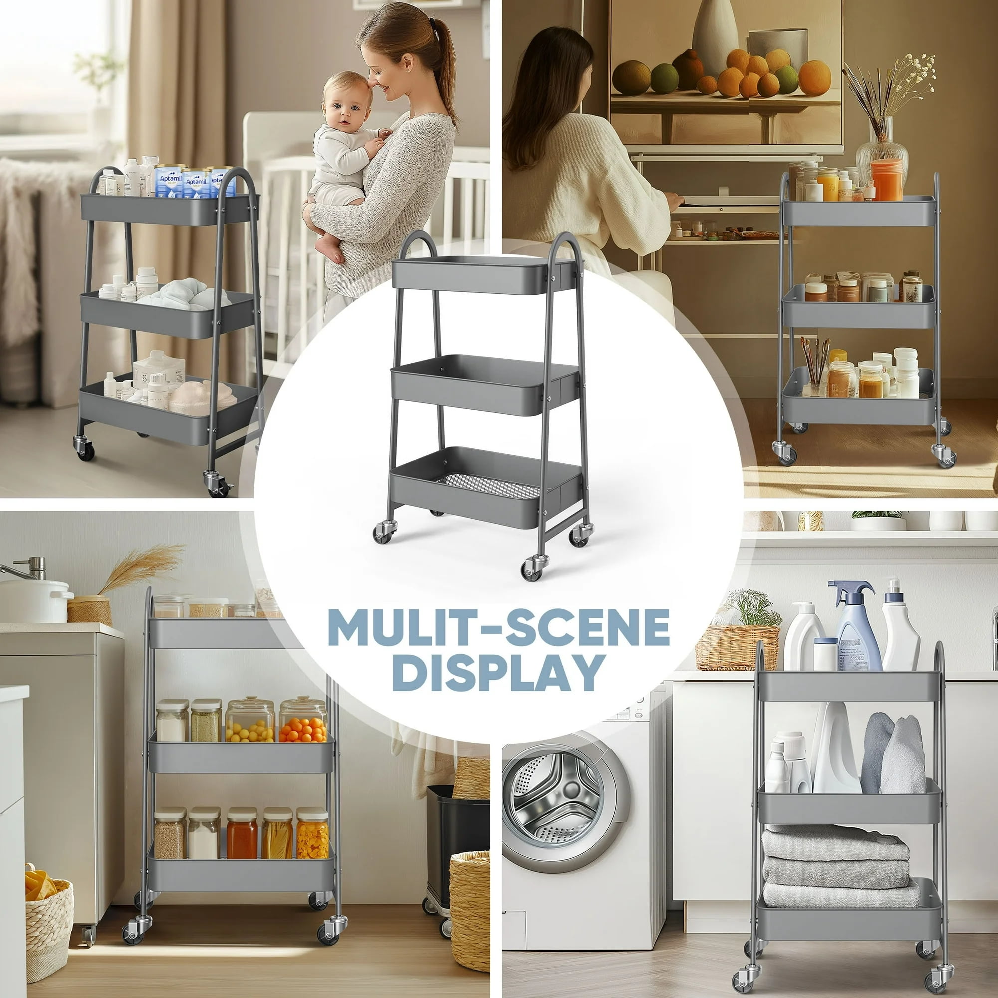 GIANNA 3 Tier Rolling Cart Organizer, Plastic Rolling Cart with Lockable Wheels & Reinforced Handle, Lightweight Utility Cart Storage Cart for Nursery, Kitchen, Bathroom, Craft Room