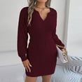 thumbnail image 2 of Lovskoo Sweater Dress for Women Trendy Casual Long Sleeve Bodycon Dress V-Neck Ladies Solid Outing Dresses Claret, 2 of 7