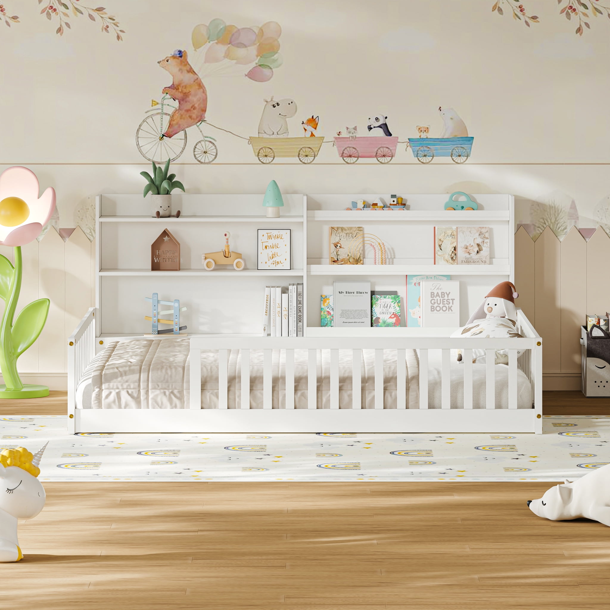 Garitin Full Floor Bed and Montessori Kids Bed 77.2 Inch, Solid Pine Wood Frame with Bookshelf and Safety Rails for Children Bedroom, White