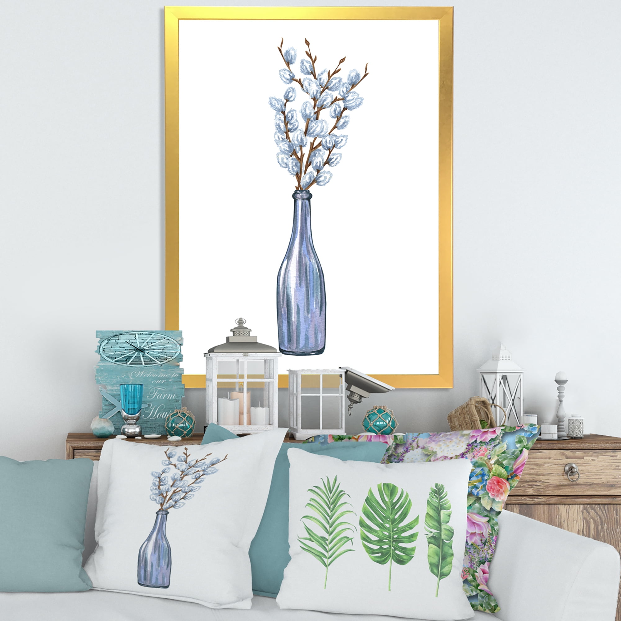 Designart 'Bunch of White Pussy Willow Twigs II' Farmhouse Framed Art Print