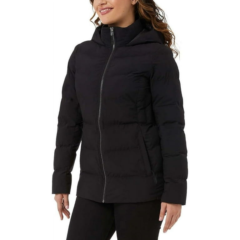 32 Degrees Women s Wide Channel Hooded Puffer Jacket Black Large Walmart
