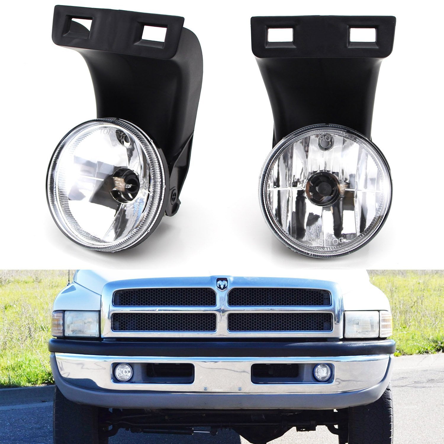 55055180 CH2593109. CH2592109 Fog Lights Replacement for 1994-2002 Dodge Ram 1500 2500 3500 Pick Up Truck with Clear Lens 881 12V 27W Halogen Bulbs Fog Lamps for Driver and Passenger Side 55055181