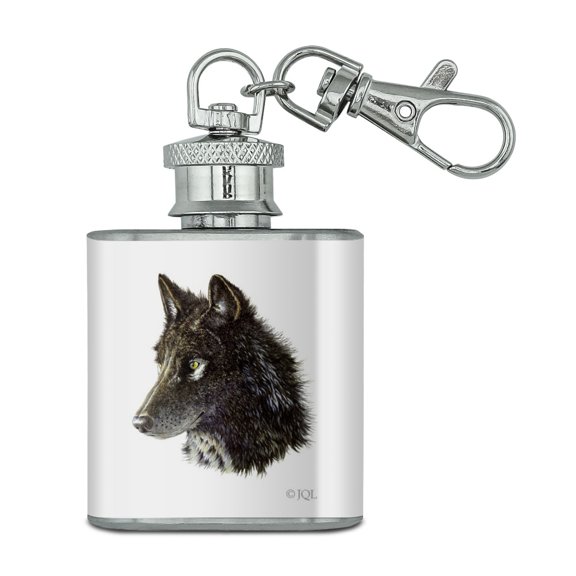 Wild Black Wolf Head Stainless Steel 1oz Mini Flask Key Chain