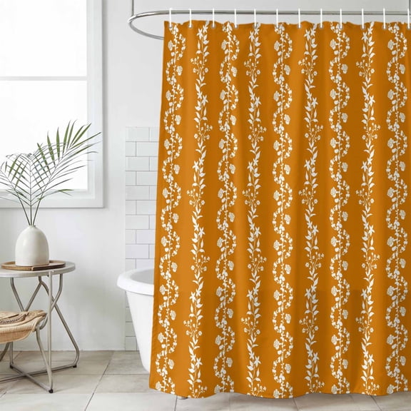 Orange Spring Leaves Shower Curtain Set, Waterproof Shower Curtains for Bathroom, Pastoral Botanical Striped Flowers Washable Fabric Cloth Bath Curtain for Bathtub Decoration with Hooks 60x72 Inches
