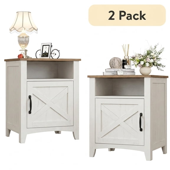 LEDREM Farmhouse Nightstand Set of 2 - Rustic White Bedside Tables with Barn Doors, Adjustable Storage & Open Shelves, Rustic White and Honey Brown