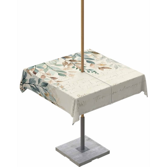 Boanket Outdoor Tablecloth with Umbrella Hole for Patio/Picnic/Party/Camping, Green Brown Botanical Waterproof Table Cloth Square Cover Washable, Farmhouse Eucalyptus Leaves Rustic (60"x 60")