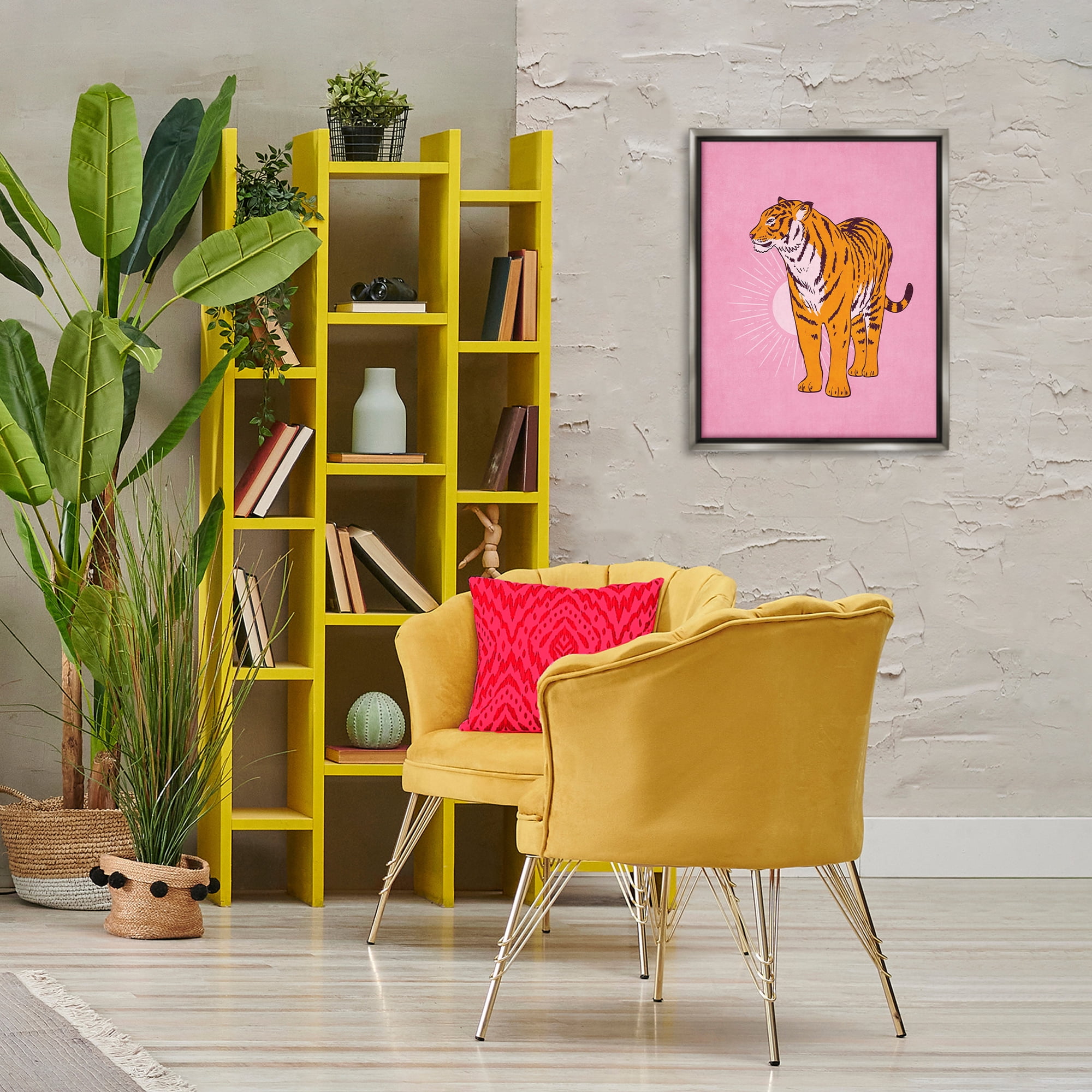 Stupell Industries Preppy Tiger Standing Animals Painting Gray Floater Framed Canvas Art Print Wall Art, 17 x 21