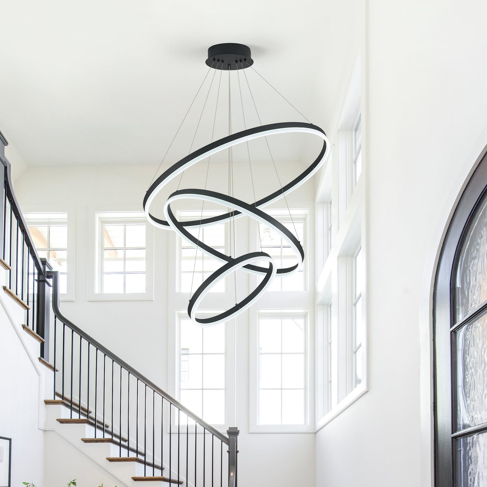3-Rings Modern LED Chandelier Black, Dimmable Pendant Lighting with Remote Control Circular Flush Mount High Ceiling Light for Living Room Dining Room Foyer, 3000K-6500K D31.5"