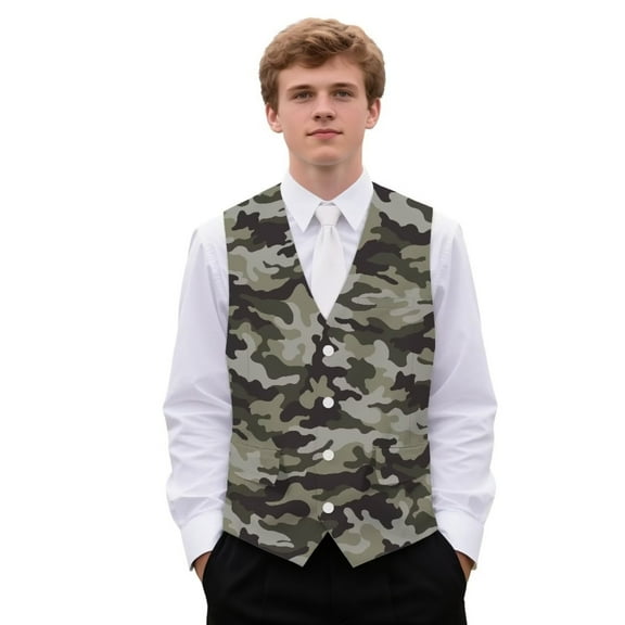 Yuyamidu Green Camo Men's V-Neck Business Vests with 3 Pockets Camouflage Formal Dress Vest for Suit Tuxedo Casual 4 Button Waistcoat Size S