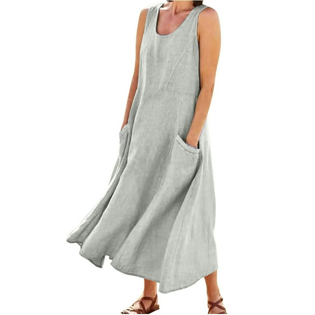 Women's Solid Color Round Neck Tank Dress - Loose Fit, Breathable Fabric for Spring/Summer/Autumn, Long Maxi Dress with Pockets, True to Size
