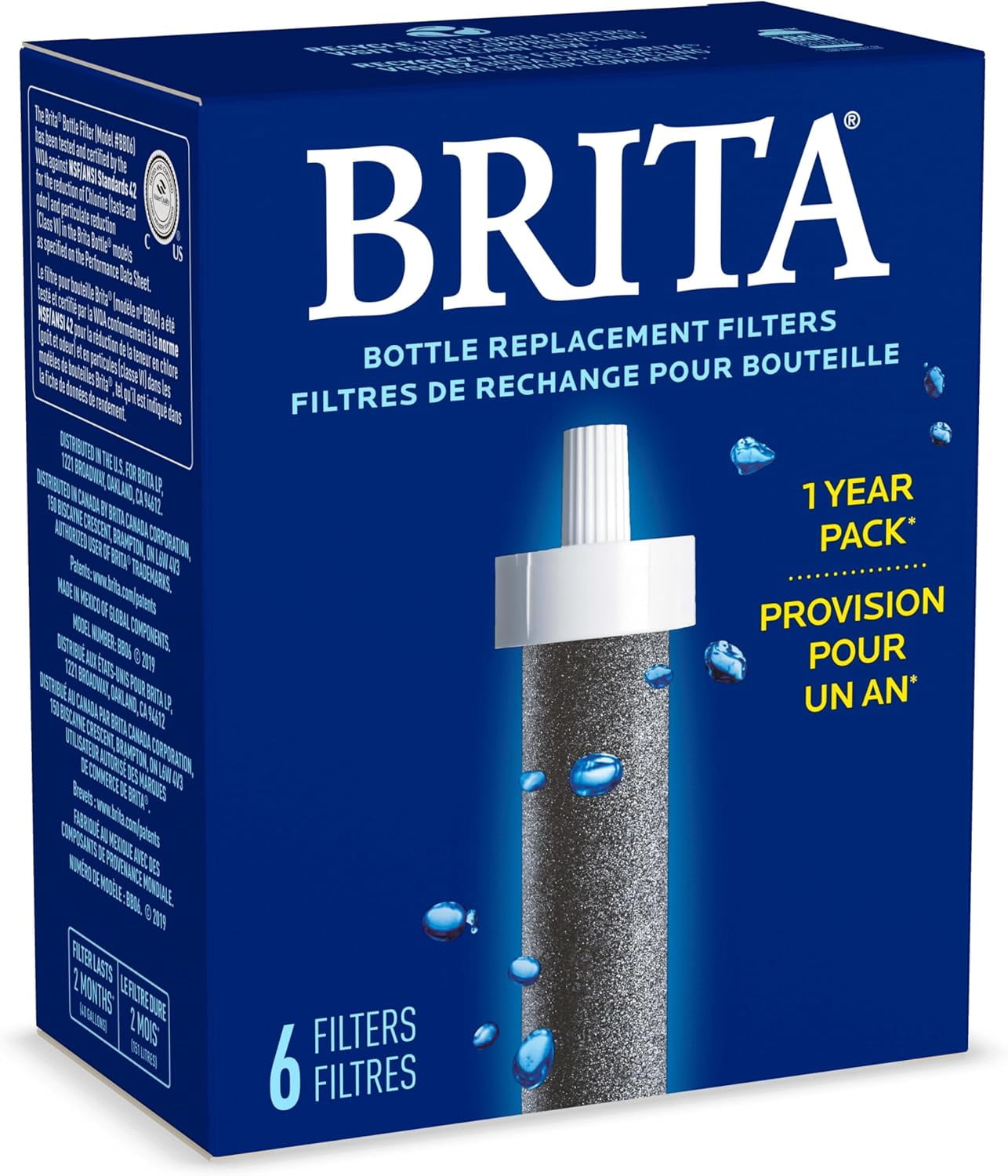 Water Bottle Replacement Filters, BPA-Free, Replaces 1,800 Plastic Water Bottles a Year, Lasts Two Months or 40 Gallons, Includes 6 Filters