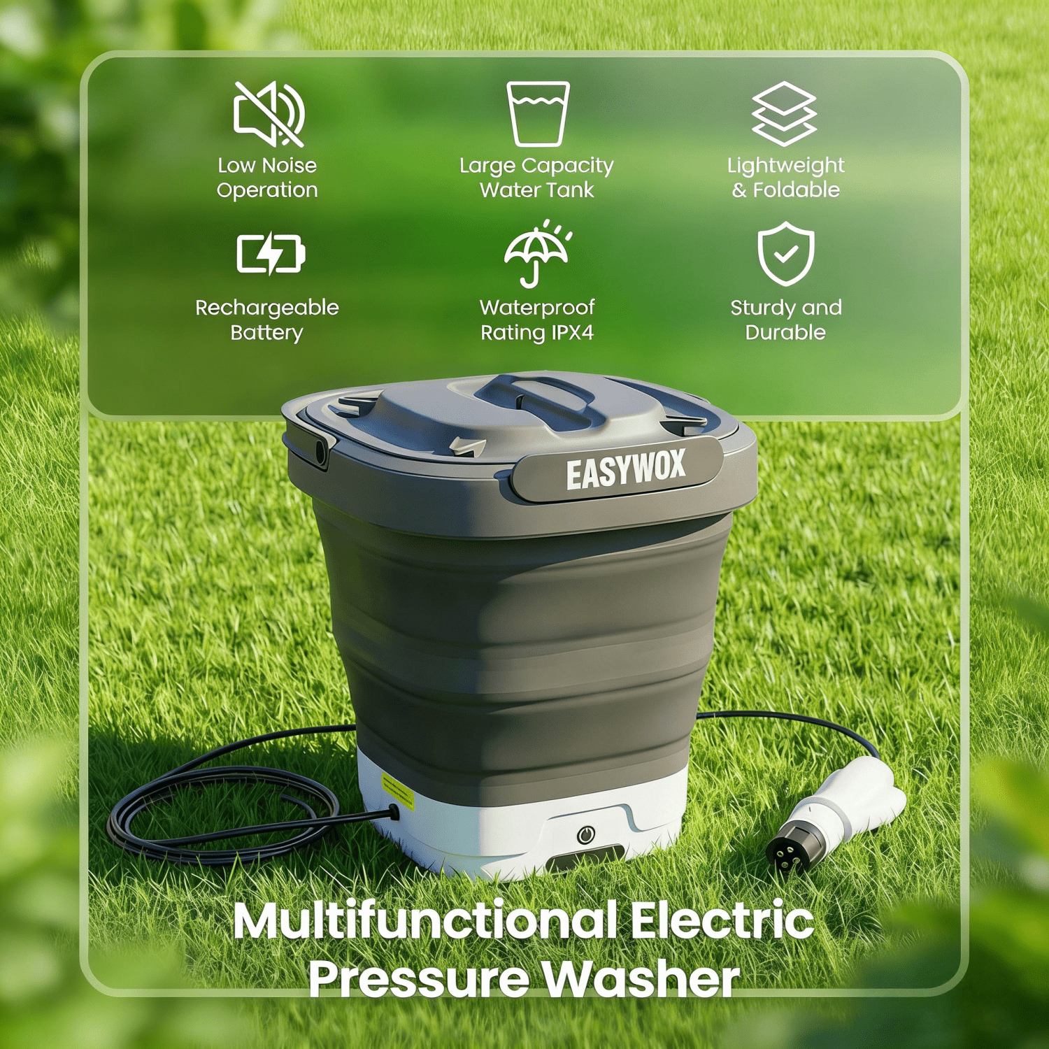 EasyWox Cordless Electric Pressure Washer, Foldable Portable, 3.2 gal Tank, 290 PSI, 4-in-1 Nozzle, Type-C Charging for Camping Car Bike Pet Garden