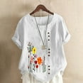 thumbnail image 2 of Ecqkame Cute Summer Tops for Women Cotton Linen Loose Casual Round Neck Short Sleeve Flower Printing Tops Womens Top White B L, 2 of 5