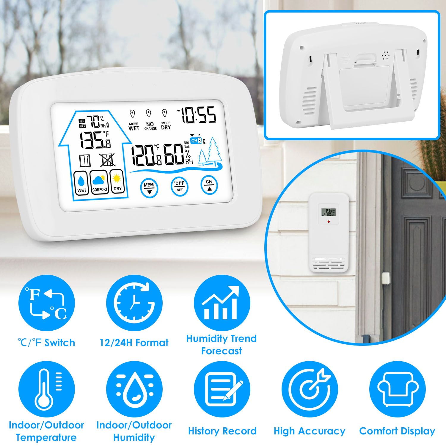 Wireless Weather Station With Clock 196FT Range Indoor Outdoor Thermometer Sensor Temperature and Humidity Monitor Humidity Forecast Battery Powered Backlight Display