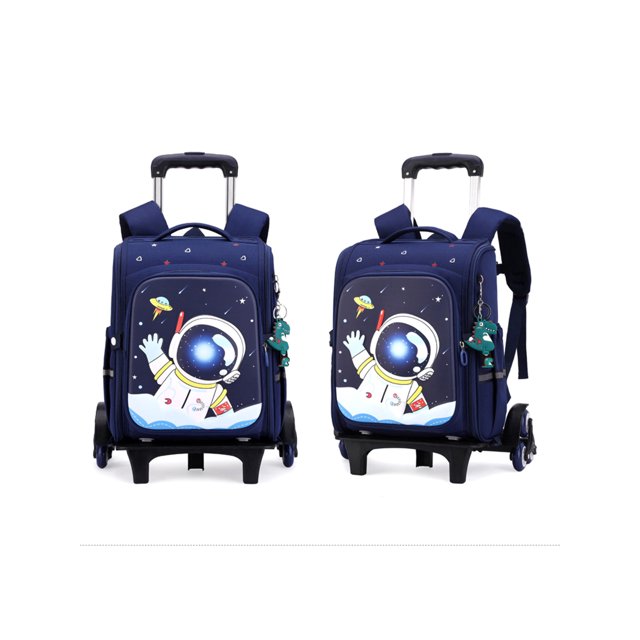MAWCLOS Boys Bookbag Top Handle Daypack Anti-Theft Waterproof Rolling Backpack Multi Pockets Kids Infantry Pack Shoulder Bags Girls Spaceman L with Trolley And Pendants. A navy blue kids rolling backpack with a spaceman design featuring planets and stars, multiple compartments, adjustable shoulder straps, and a trolley system. Includes decorative pendants. Ideal for school, travel, and outdoor activities.