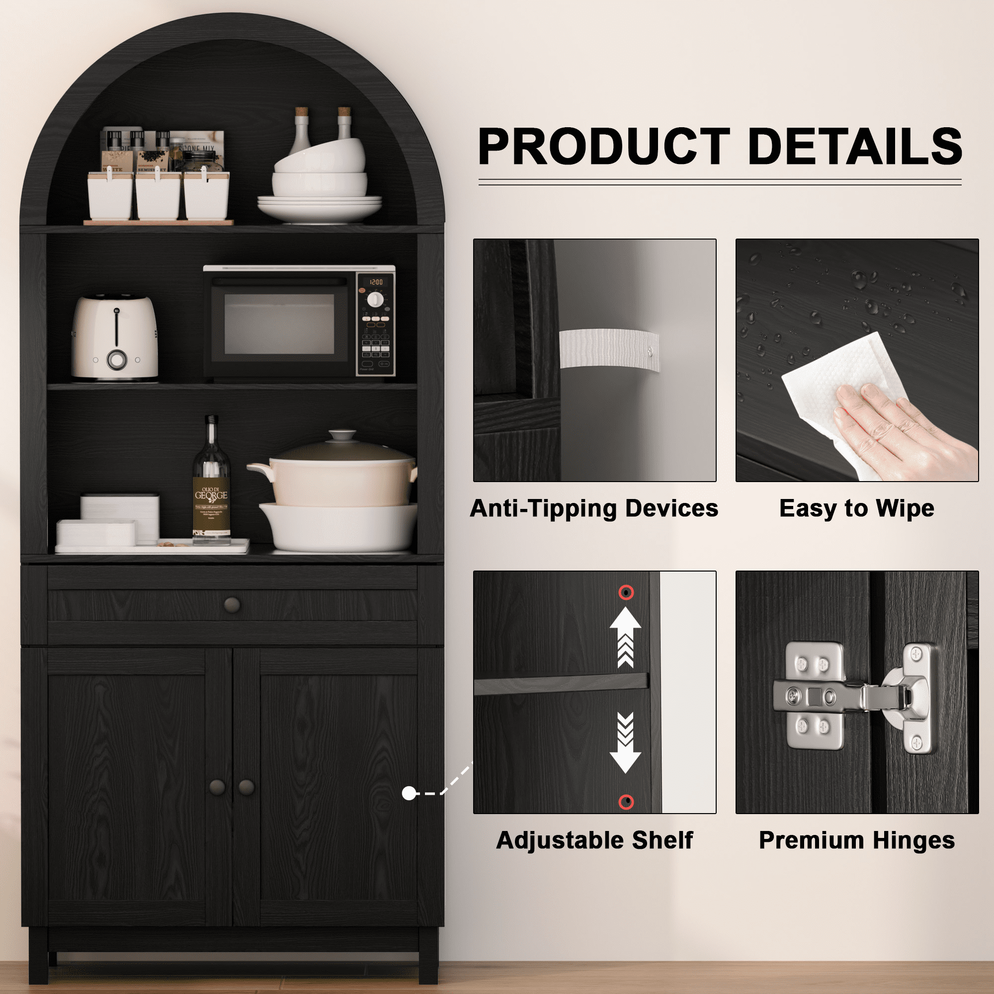 HARIPUL Arched Pantry Cabinet, 71" Kitchen Pantry Cabinet with Smooth Gliding Drawers and Adjustable Shelf, Wood Storage Cabinets Anti-Tipping, Modern Farmhouse for Living Room, Dining Room