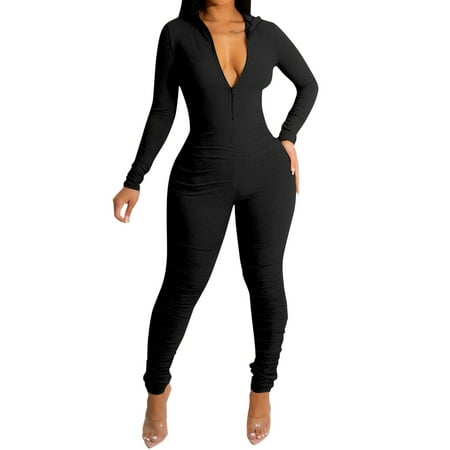 

Black Shapewear Bodysuit Women Threaded Zipper V Neck Lifting Slim Jumpsuits For Women Summer Black L