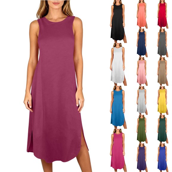 Asxite Womens Pajamas Casual Sleeveless Crew Neck Solid Pocket Side Slit Midi Sleep Dress