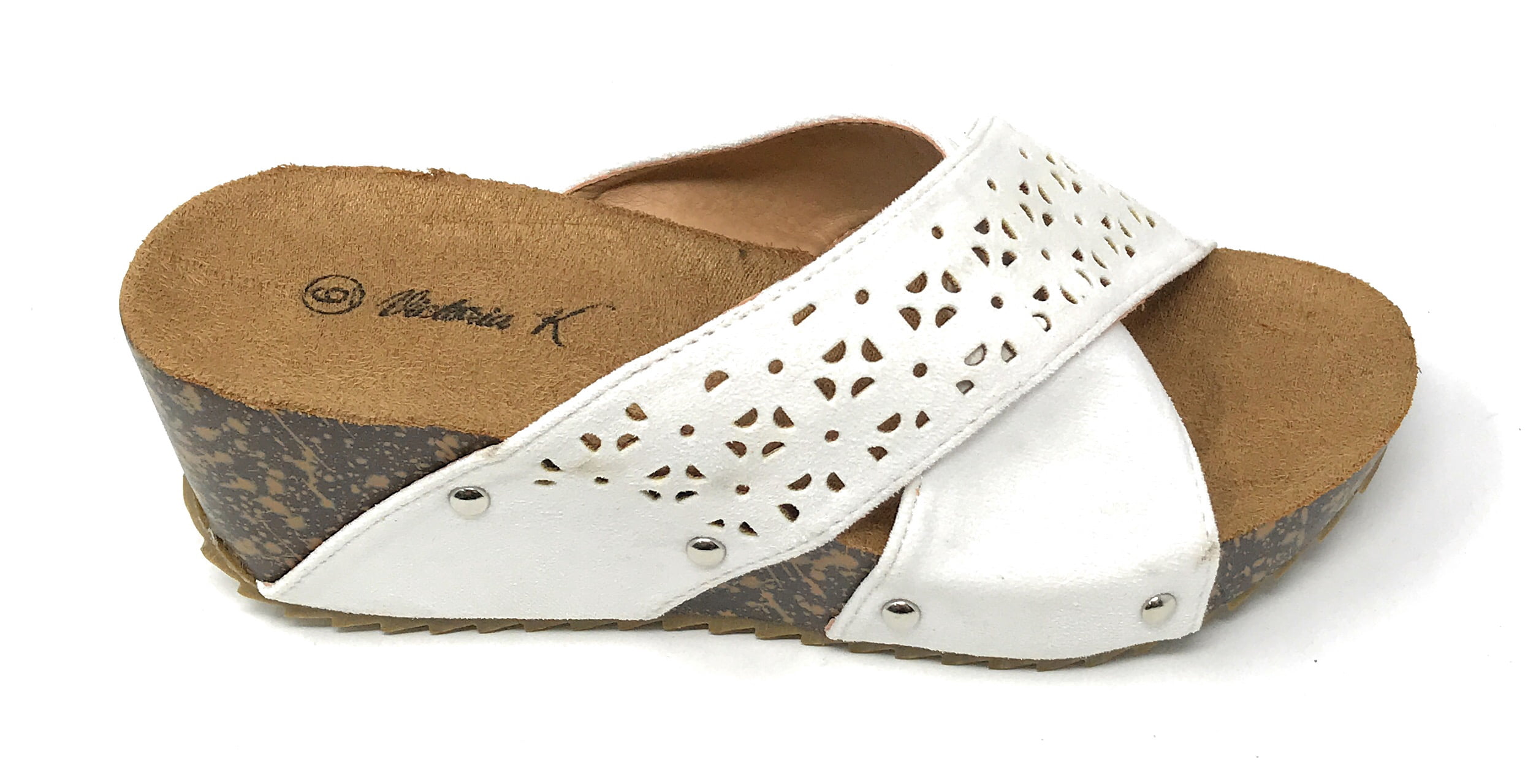 Victoria K Women's Laser Cut Out With Cross Over Strap Cork Wedge Sandals