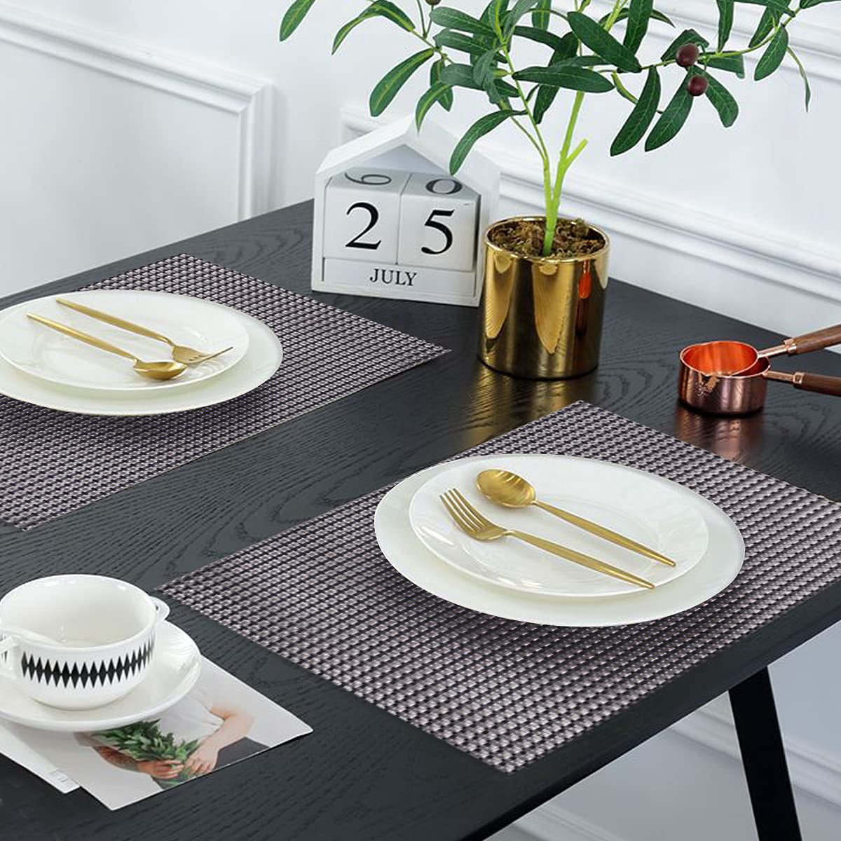 Placemats Set of 12 for Dining Table, Table Placemats, Rectangular PVC Vinyl, 18x12 Inches - Black Brown