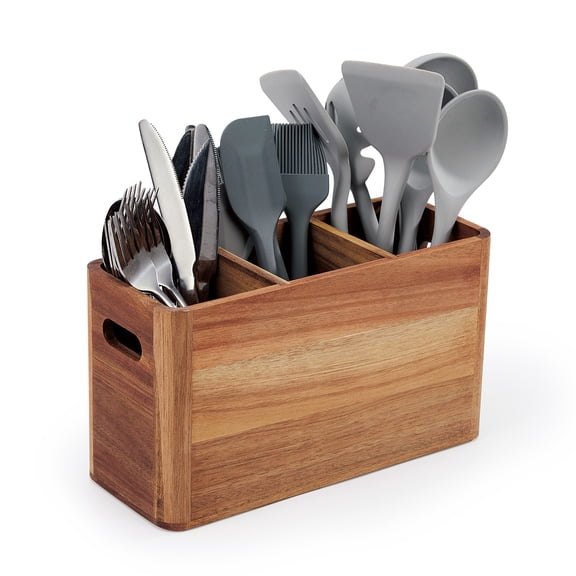 Acacia Wood Utensil Holder 3-Compartment Countertop Organizer with Drain Hole for Spatulas Spoons Chopsticks