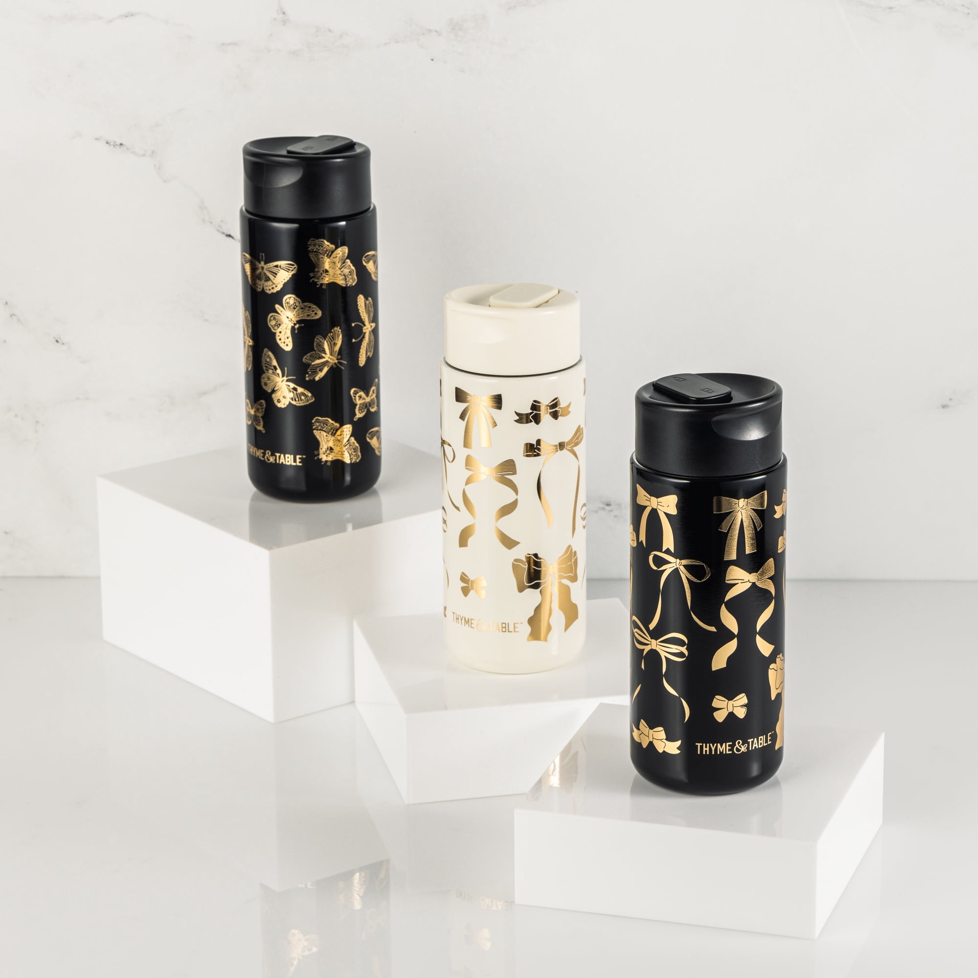 Thyme & Table 22 fl oz Stainless Steel Coffee Tumbler, Black & Gold Butterfly