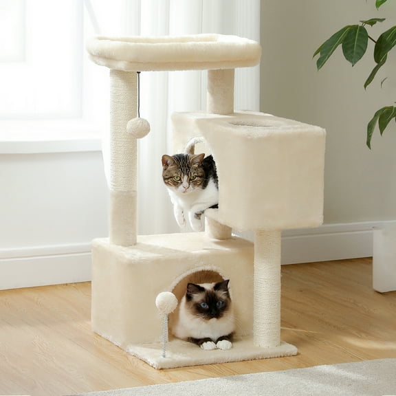 Pefilos 31" Multi-Level Cat Tree Tower, Cute Sisal Play House Climber Activity Centre Furniture with Scratching Posts Hammock Dangling Ball, Beige