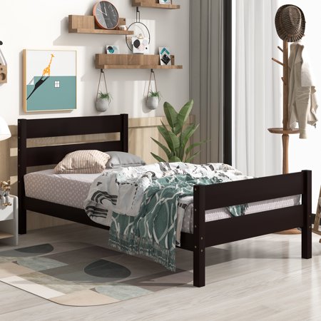 uhomepro Classic Wood Twin Bed Frame for Kids  Platform Bed Frame with Headboard and Footboard  Modern Twin Size Bed Frame with Heavy Duty Wood Slats Support  No Box Spring Needed  Espresso  Q12974