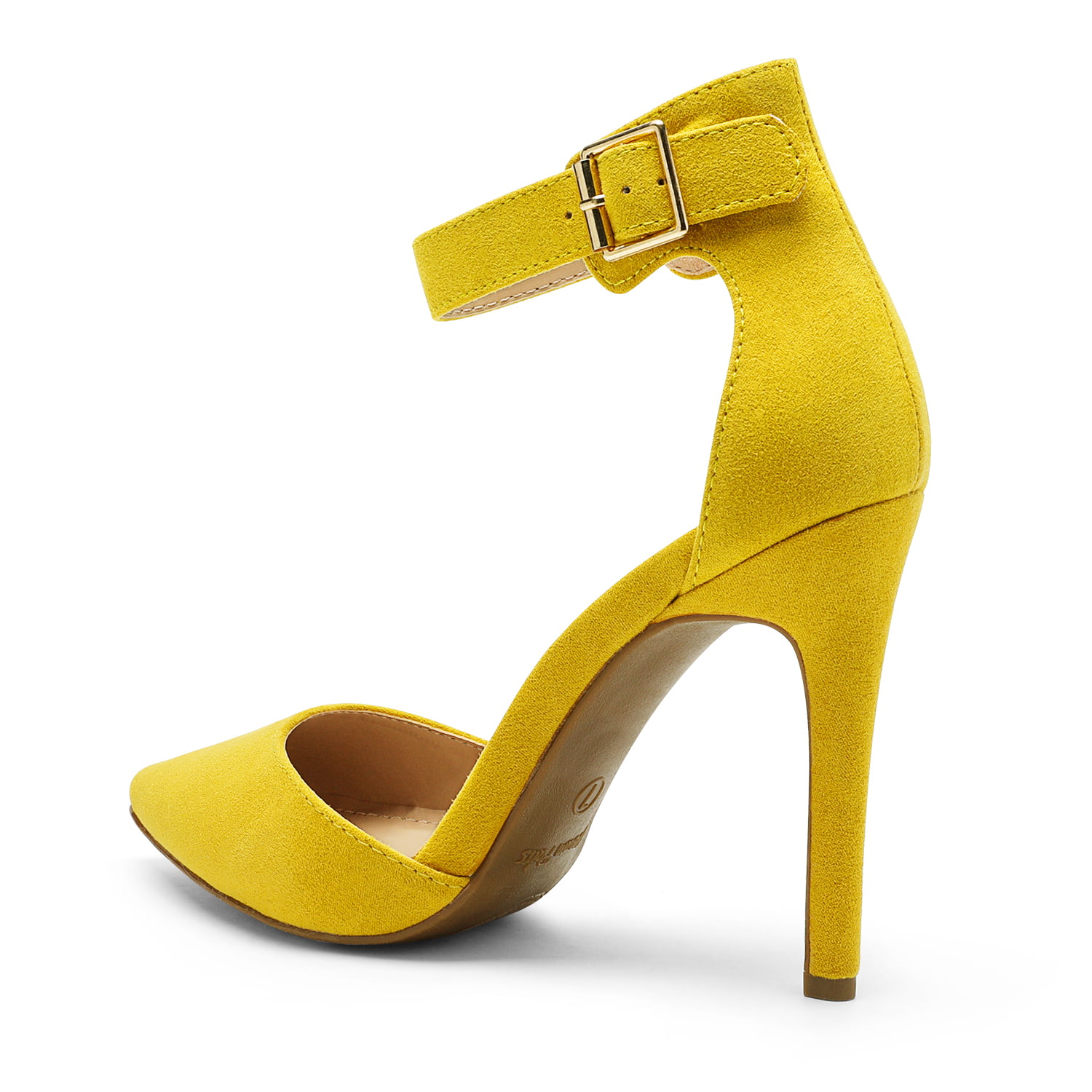WMNS Pointed Toe Peg Heel Open Side Shoes - Velcro Ankle Strap / Yellow