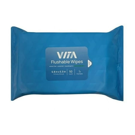 Achim 6.8 x 5.3 in. Vita Unscented Flushable Wipes, White - 24 Resealable Packs - 1200 Total Wipes