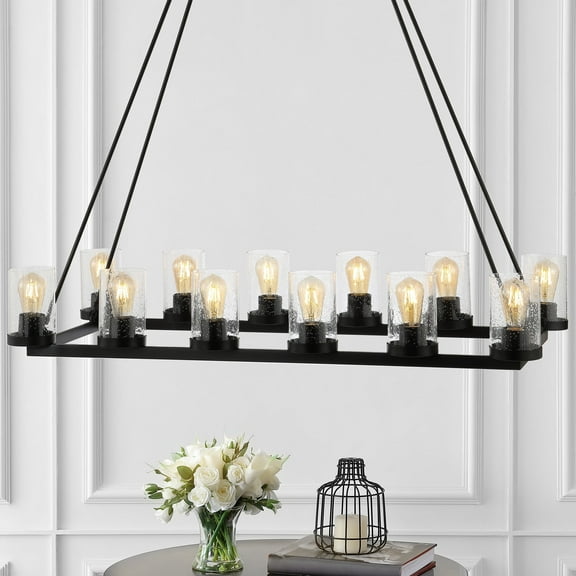 JONATHAN Y Coronet 45.5" 12-Light Seeded Glass/Iron Rustic Farmhouse Rectangular LED Candelier, Oil Rubbed Bronze, JYL7555A