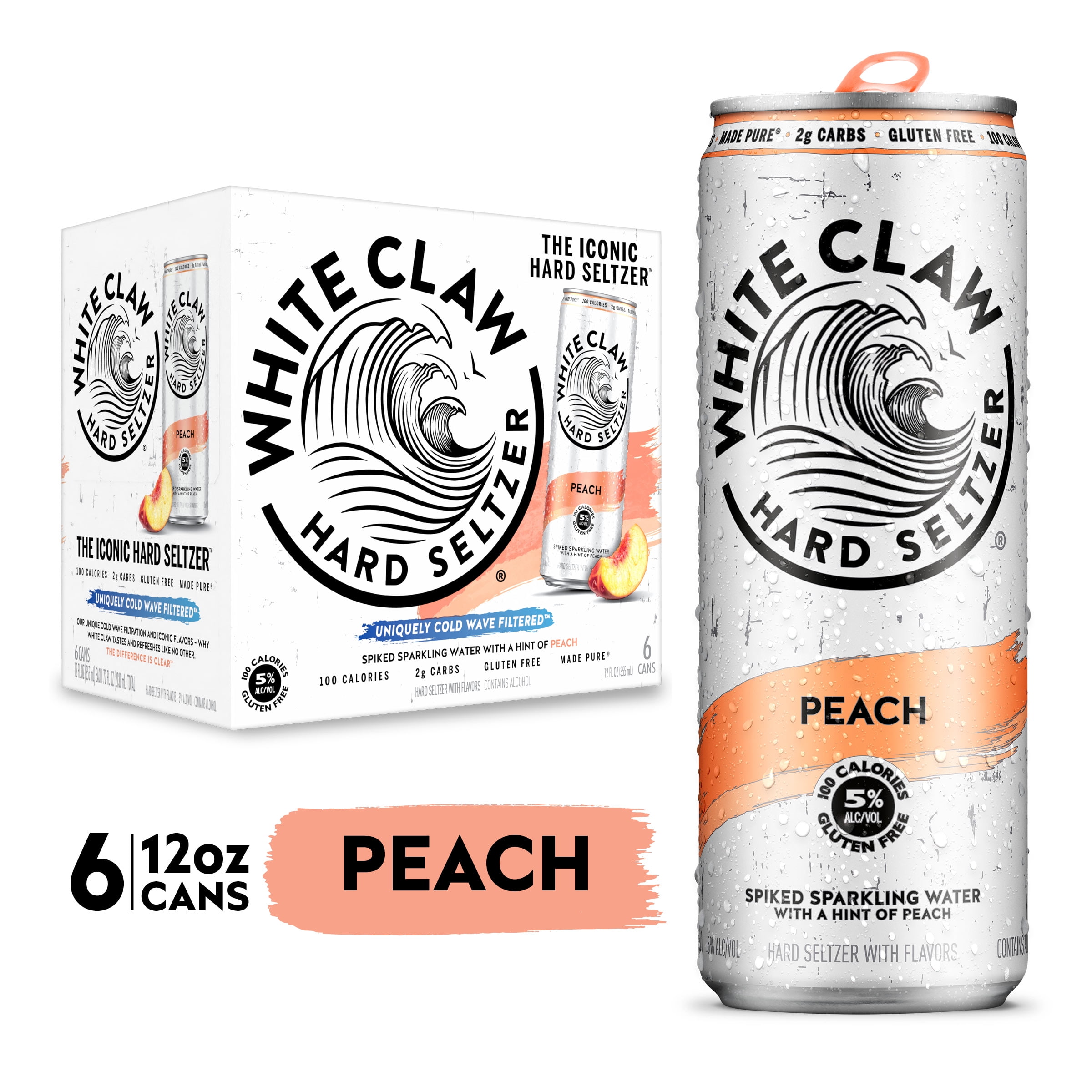 White Claw Hard Seltzer Peach, 6 Pack, 12 fl oz Cans, 5% ABV