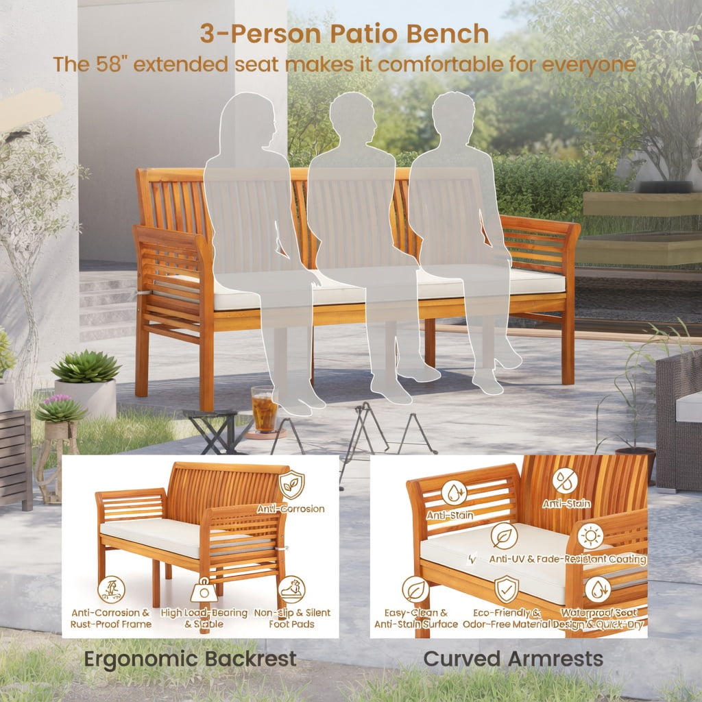 Hommoo 3-Seat Acacia Wood Patio Bench with Off-White Cushions, 62.5" Outdoor Garden Bench for Backyard, Porch & Deck, Natural