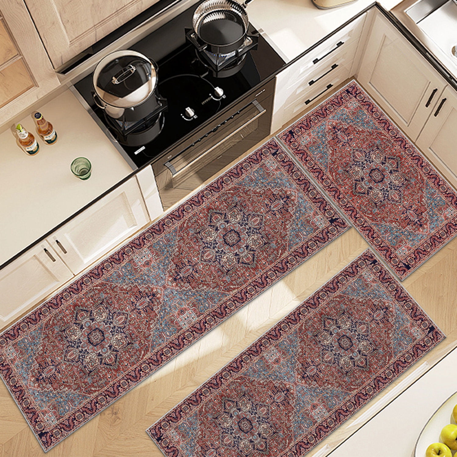 TECHVIDA Kitchen Rugs 3 Piece Set,Non Slip Machine Washable Kitchen Mats,Boho Vintage Abstract Kitchen Carpet for Farmhouse Living Room Hallway