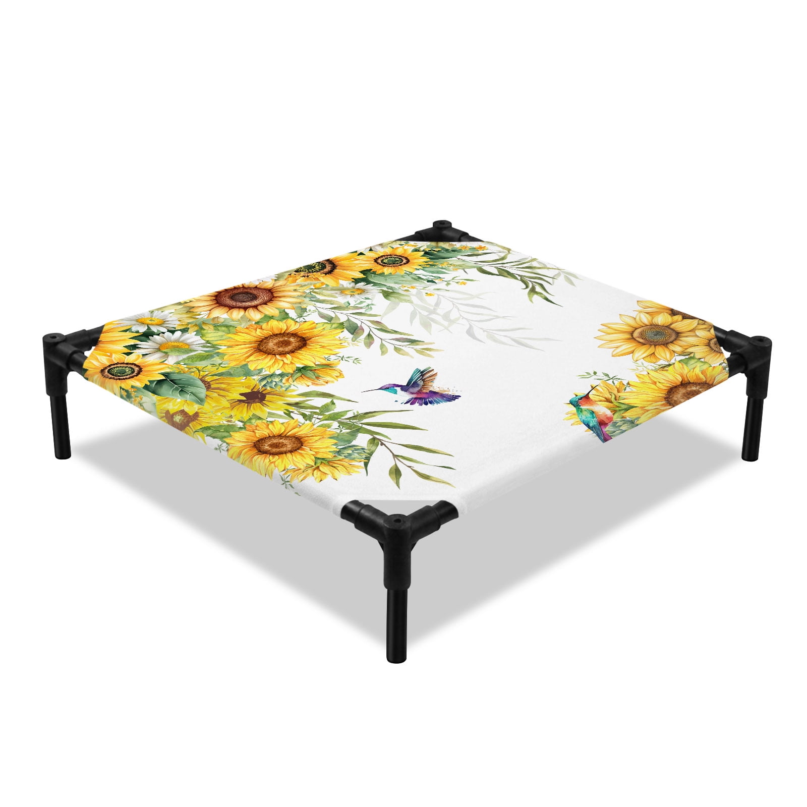 Summer Sunflower Bird Elevated Dog Bed Watercolor Flower Plant Cooling Breathable Outdoor Raised Dog Cot Bed with Metal Frame Non-Slip Feet for Small Dog 20x20in
