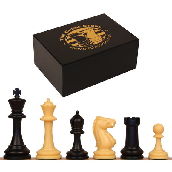 The Chess Store Master Series Tournament Size Plastic Chess Pieces Black & Camel with Extra Queens & Box - 3.75" King