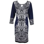 Jm Collection Navy Ivory Embellished Printed Three Quarter Sleeve Sheath Dress