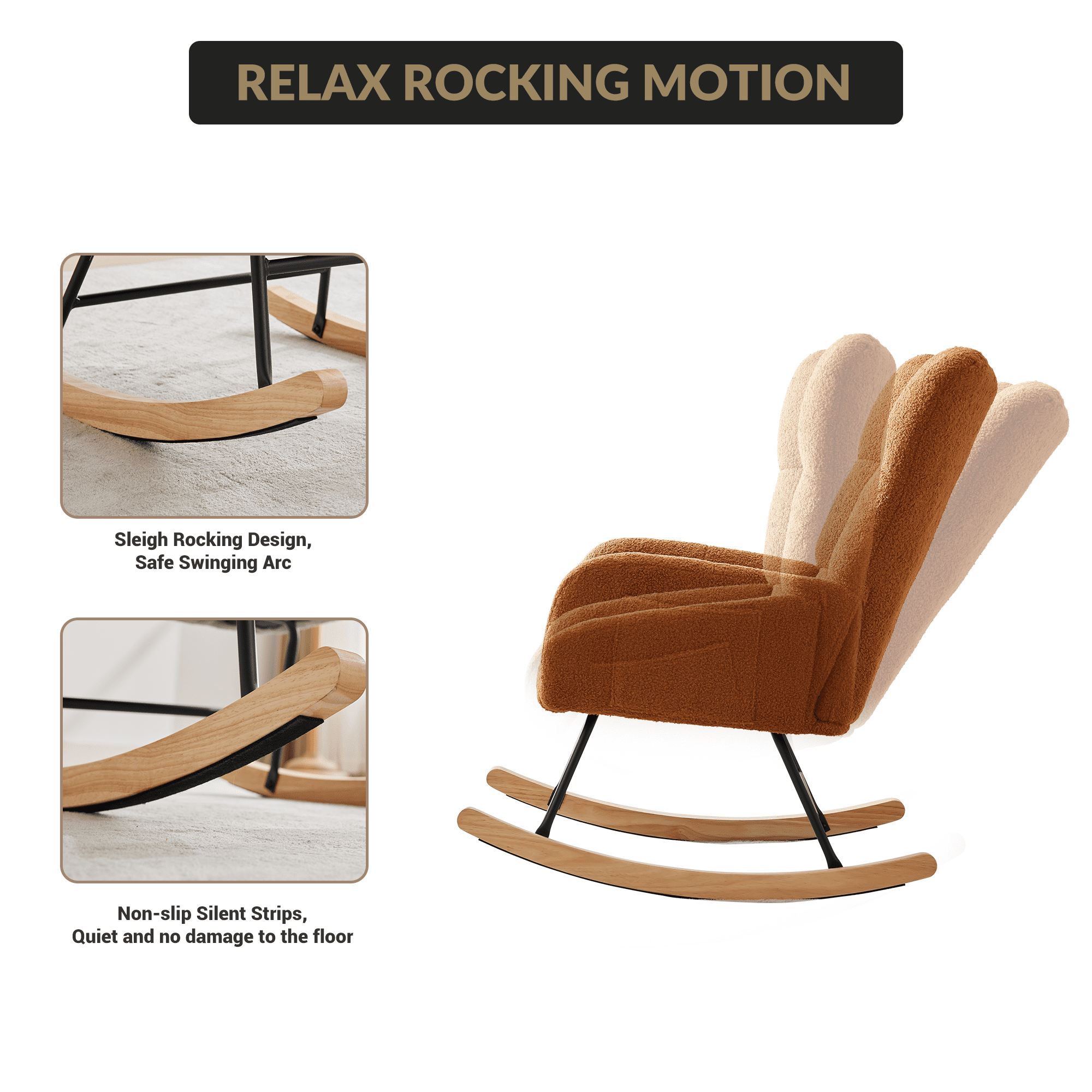 300Lbs Load-Bearing Nursery Glider Rocking Chair, Teddy Upholstered, High Backrest & Armrests, Side Pockets, Padded Seat, High Backrest, Armrests, Metal Legs & Wood Base for Living Room, Bedroom