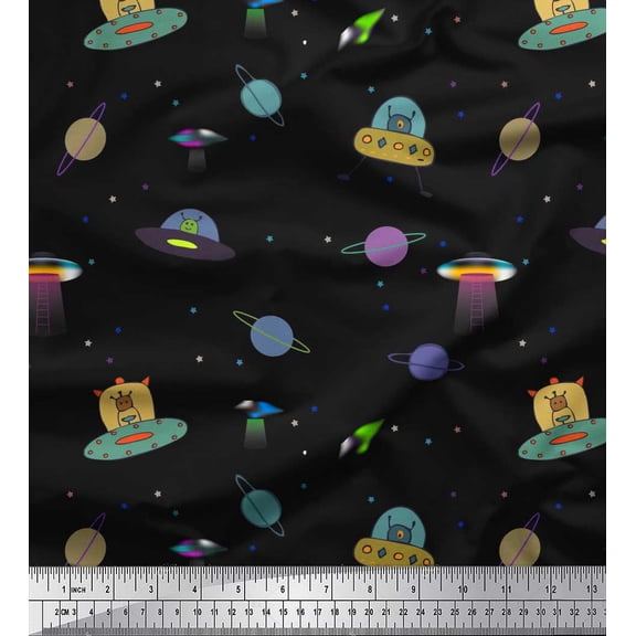 Soimoi Cotton Duck Fabric Planet,Animal & Spaceship Cartoon Decor Fabric Printed Yard 42 Inch Wide