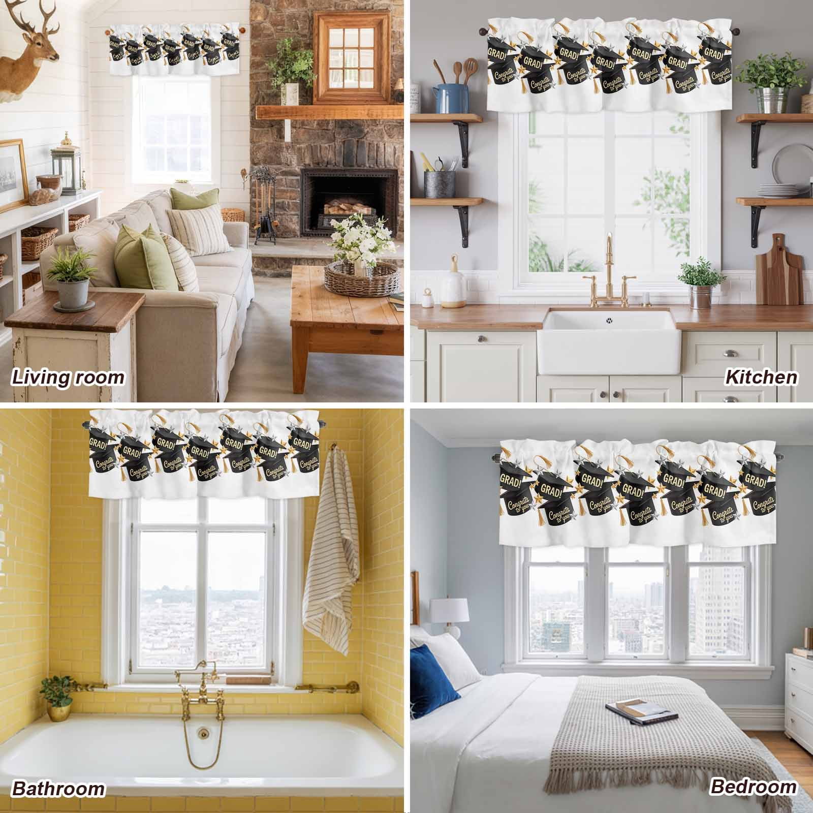 Congrats to You Valances for Windows GRAD Graduation Hat Three-Dimensional Stars Rod Pocket Cafe Window Treatments Valance Curtains for Kitchen Bathroom Laundry Basement Windows 60"x18"