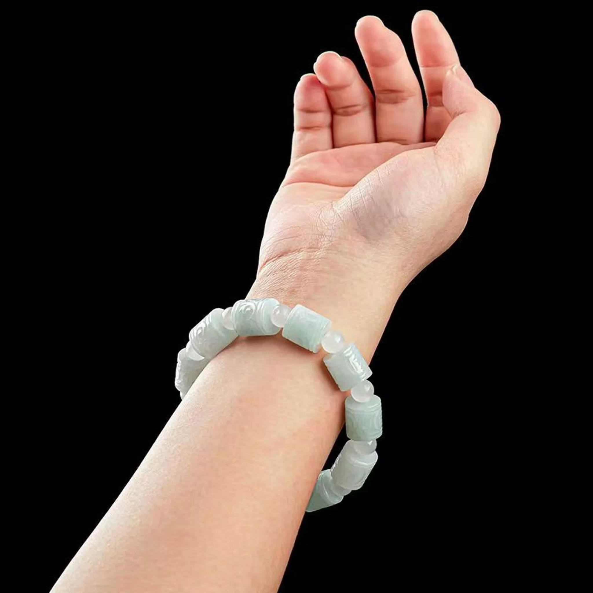 HOOUN Natural Grade A Jade Jadeite Men Women Lucky Carved Column Round Bead Bracelet