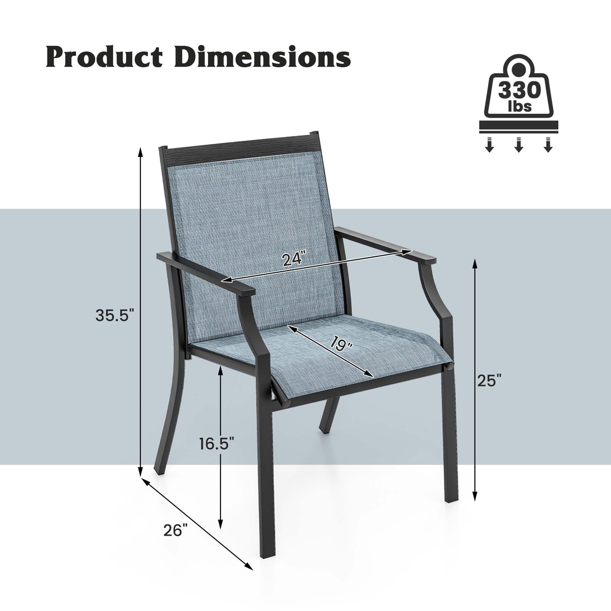 Costway 2 Piece Patio Dining Chairs Large Outdoor Chairs with Breathable Seat & Metal Frame Blue/Coffee/Grey/Red