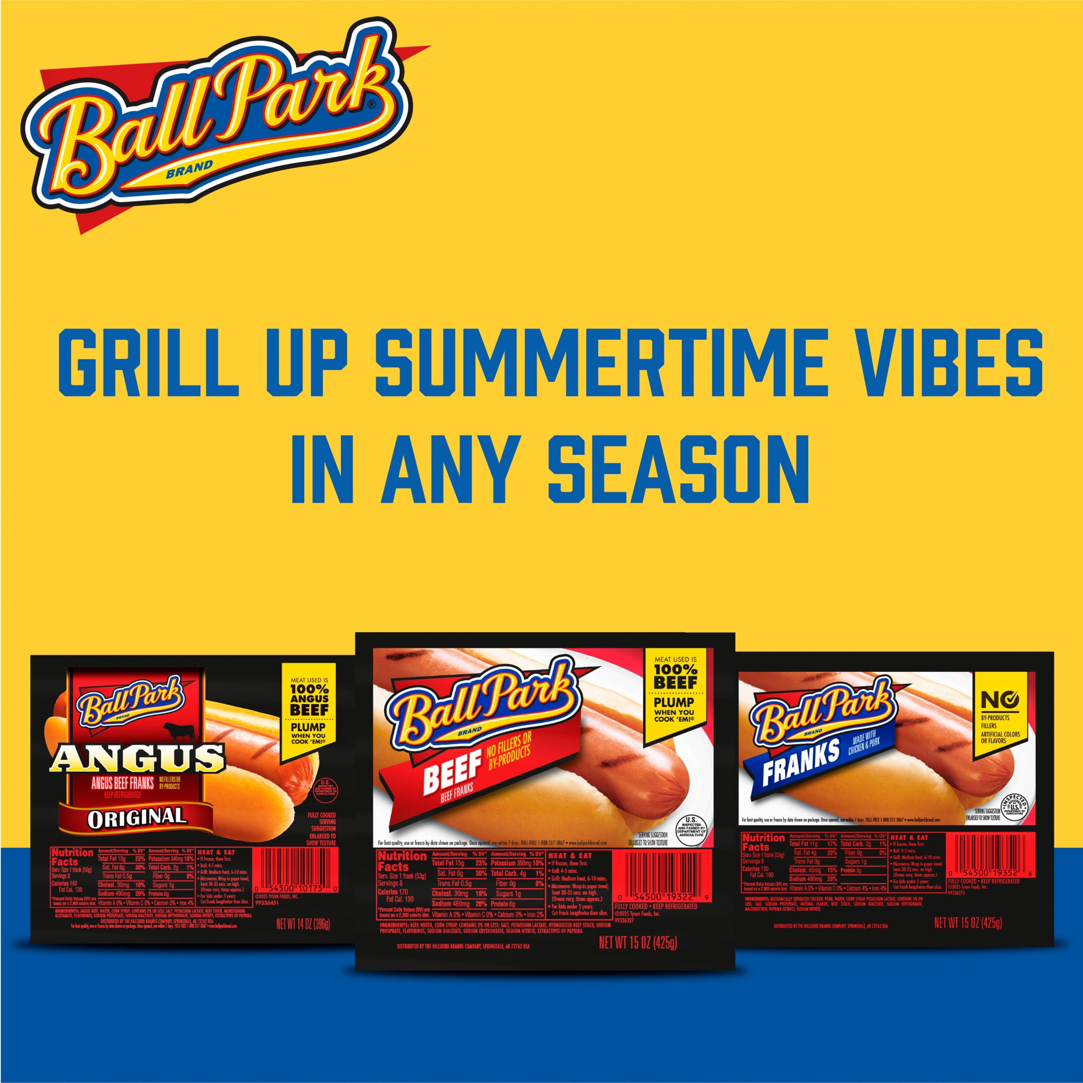 Ball Park 100% Beef Hot Dogs, 15 oz, 8 Count, 6g Protein per Serving (Refrigerated)
