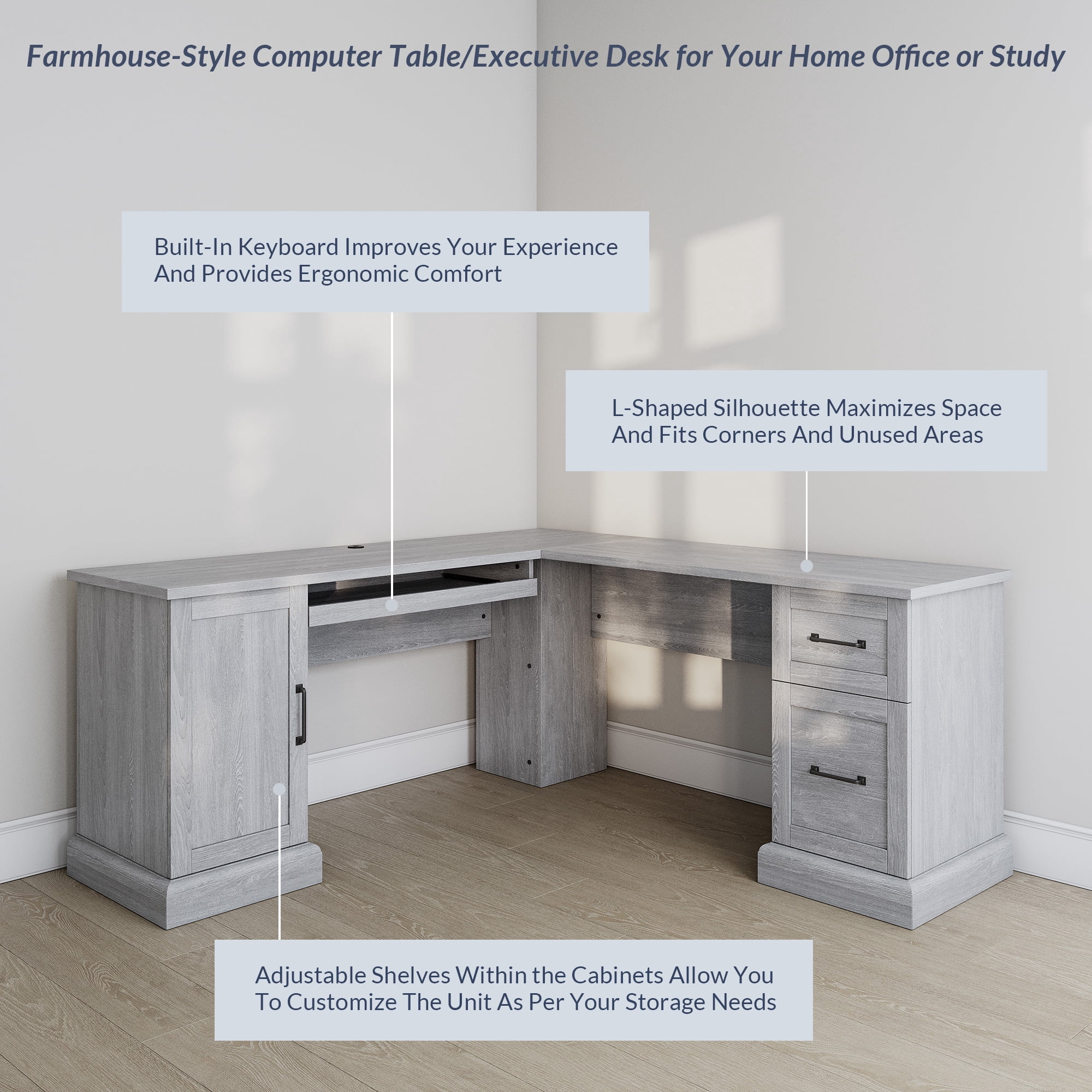 BELLEZE Modern Corner L-Shaped Home Office Computer Laptop Desk or Writing Study Workstation with Keyboard Tray, Two Drawers and Cabinet - Barlow (Stone Gray)