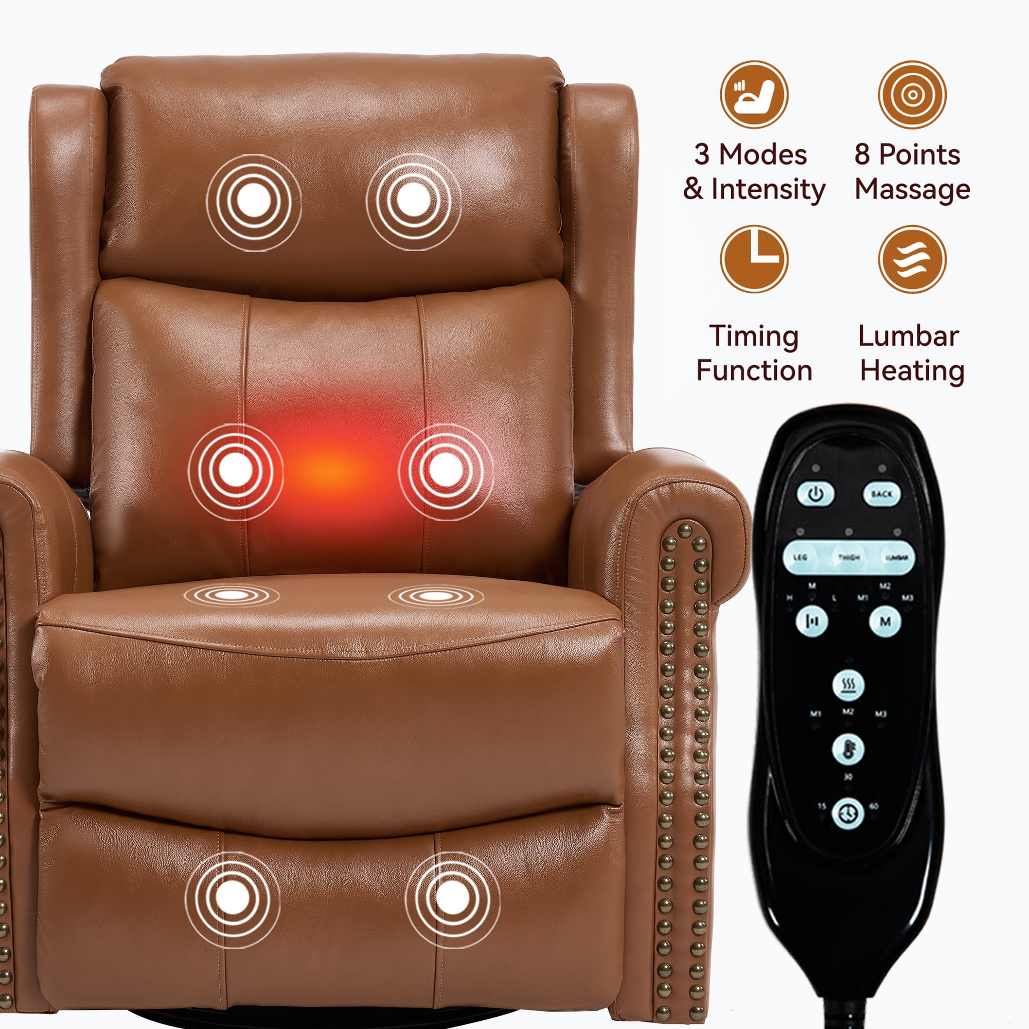 Leumius Swivel Rocker Recliner Chair with Vibration Massage and Lumbar Heating,Ergonomic Lounge Chair with Rocking Function,Rivet Design,Yellow