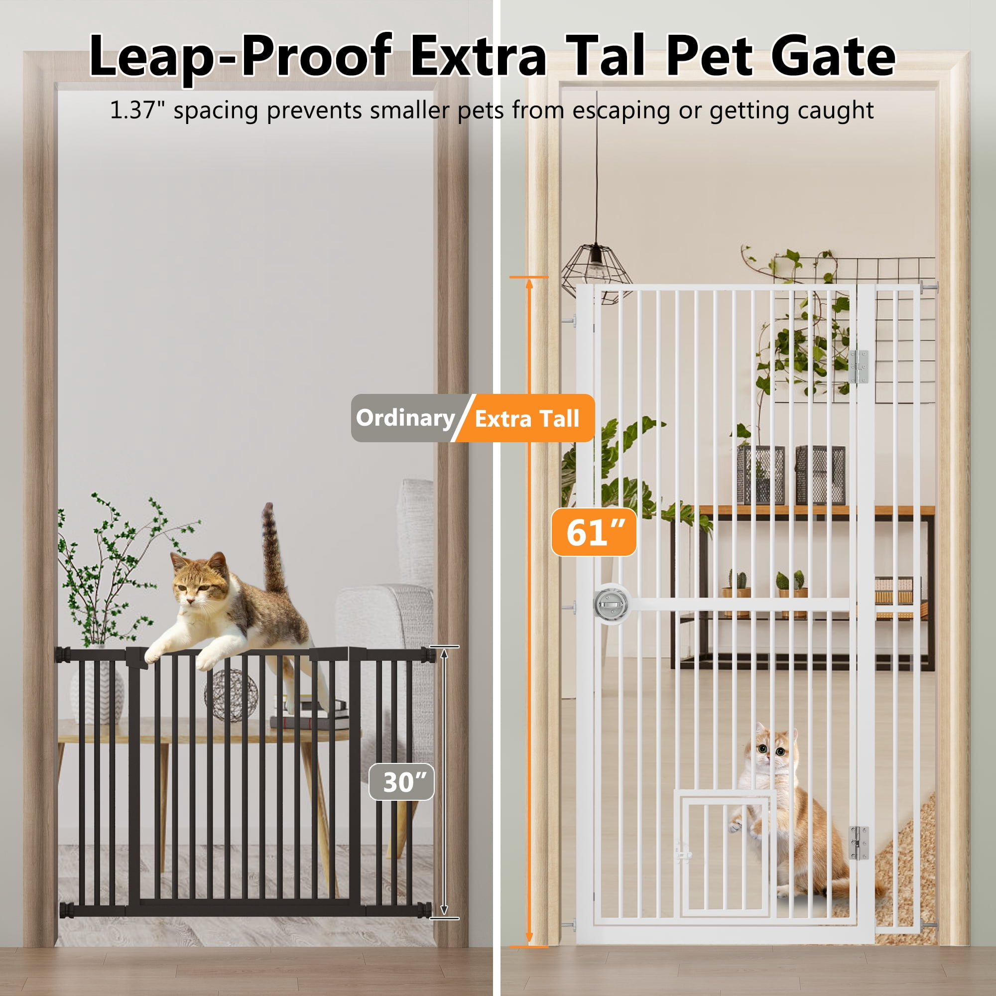 61" Extra Tall Cat Gate for Doorway, Adjustable Wide 34.3"-36.7" and Included 4.13" Extension Kits, Suitable for Doorways or Kitchen, No Drilling Pressure Mount Kit, White