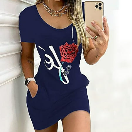 

Inkach Women S Summer Fashion Casual Round Neck Print Short Sleeve Pocket Dress