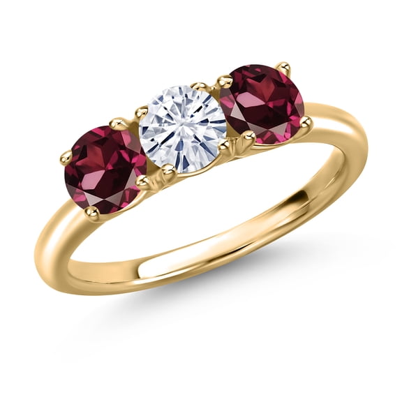 Gem Stone King 10K Yellow Gold White Moissanite and Red Rhodolite Garnet Engagement Ring for Women | 1.70 Cttw | Round 5MM | Gemstone Birthstone | Size 9